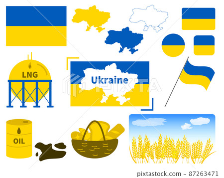 烏克蘭主題插圖集、國旗、天然氣、原油、小麥、麵包、地圖 87263471