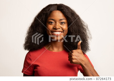 Nice Choice. Smiling Young Black Lady Showing Thumb Up At Camera 87264173