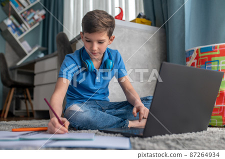 Concentrated schoolboy making notes of the online lesson Concentrated schoolboy making notes of the online lesson 87264934