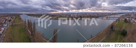Drone panorama over the Rhain and the French city of Strasbourg during the day with cloudy sky 87266138