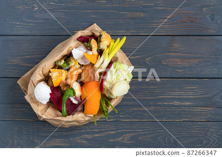 Vegetable and fruit waste from cooking, collected in a garbage bag for recycling. Compost. The concept of zero waste. Vegetable and fruit waste from cooking, collected in a garbage bag for recycling. Compost. The concept of zero waste. 87266347