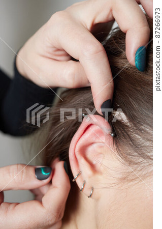 Stretched lobe piercing, grunge concept. Pierced woman ear with black plug tunnel. industrial and rook. Stretched lobe piercing, grunge concept. Pierced woman ear with black plug tunnel. industrial and rook. 87266973