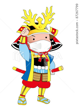 這是一個男孩戴著面具，戴著軍事指揮官的插圖。 87267799