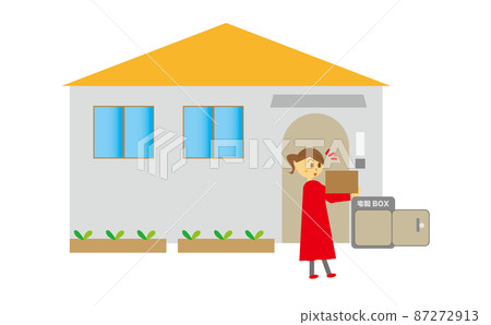 Illustration of a woman who is pleased to receive the cardboard package that arrived in the delivery box for home and is convenient Illustration of a woman who is pleased to receive the cardboard package that arrived in the delivery box for home and is convenient 87272913
