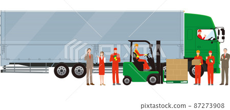 重型卡車、司機、機械師、檢查員和叉車的物流公司形象 87273908