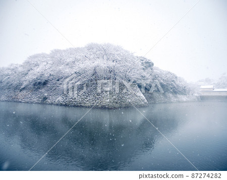 下雪的彥根城護城河風景 87274282