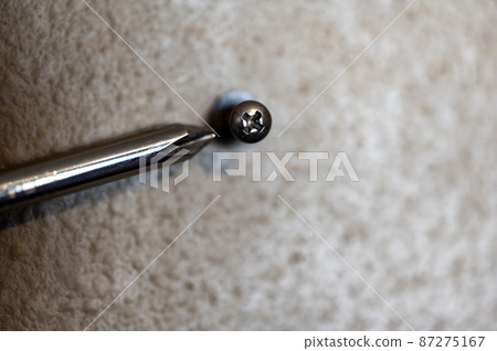 Selective focus on a typical drywall anchor installation . 87275167