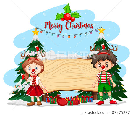 Empty banner in Christmas theme with children in Christmas costumes Empty banner in Christmas theme with children in Christmas costumes 87275277