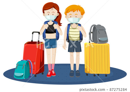 Two travellers wearing masks with their luggages Two travellers wearing masks with their luggages 87275284