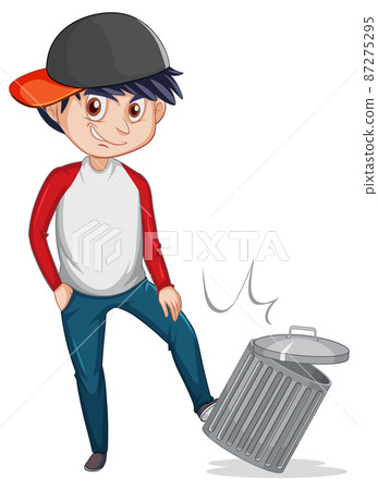 Teenager boy kick dustbin cartoon character on white background Teenager boy kick dustbin cartoon character on white background 87275295