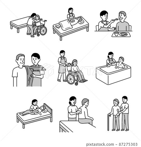 Monochrome summary of person illustrations of caregivers and welfare 87275303
