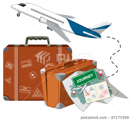 Traveling objects with airplane on white background Traveling objects with airplane on white background 87275309