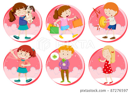Set of Little boy and girl do activities on white background Set of Little boy and girl do activities on white background 87276597