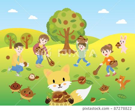 家庭採摘栗子和可愛的森林動物的風景 家庭採摘栗子和可愛的森林動物的風景 87278822