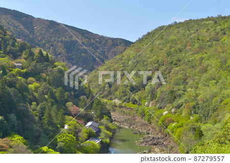 View of Hozukyo from Arashiyama Park Observatory-Fresh greenery including maples and late-blooming wild cherry blossoms View of Hozukyo from Arashiyama Park Observatory-Fresh greenery including maples and late-blooming wild cherry blossoms 87279557