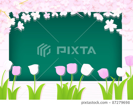 櫻花、 鬱金香和黑板背景圖 櫻花、 鬱金香和黑板背景圖 87279698