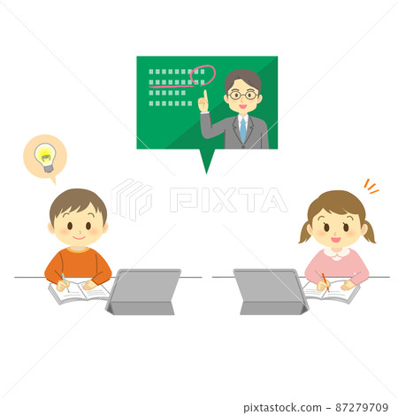 插圖素材:笑臉男孩和小學生(女孩/正面)在平板電腦上在線上課 插圖素材:笑臉男孩和小學生(女孩/正面)在平板電腦上在線上課 87279709