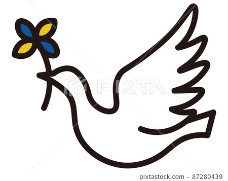 白鴿在天空中飛翔,鮮花和平、友誼、慈善、幸福、祈禱、象徵、烏克蘭色的花朵 白鴿在天空中飛翔,鮮花和平、友誼、慈善、幸福、祈禱、象徵、烏克蘭色的花朵 87280439