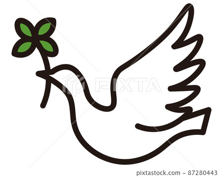 A white dove flying in the sky with four leaves, a symbol of peace, friendship, philanthropy, happiness, and prayer. 87280443