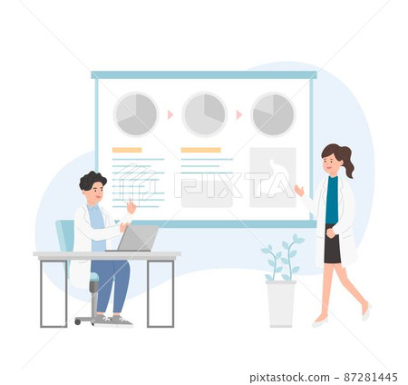 Paramedic or medical specialist or scientist male or female pointing at presentation board, chart icons, vector set of abstract graphic elements, data statistics, infographics 87281445