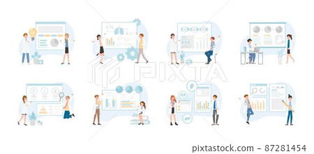一組護理人員或醫學專家或科學家指著演示板,圖表圖標,向量集的抽像圖形元素,數據統計,信息圖表,分析 一組護理人員或醫學專家或科學家指著演示板,圖表圖標,向量集的抽像圖形元素,數據統計,信息圖表,分析 87281454