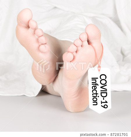 Body with toe tag on white 87281701