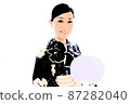A woman wearing an indigo-dyed yukata and holding a uchiwa 87282040