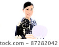 A woman wearing an indigo-dyed yukata and holding a uchiwa 87282042