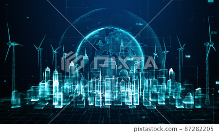 Hologram wind turbine in smart city green energy concept, Renewable energy production for green ecological world, Technology digital abstract background 3d rendering 87282205