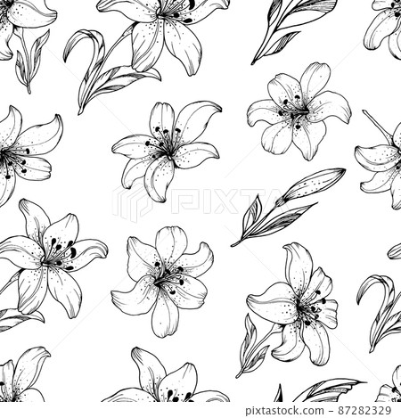 Seamless floral background line art with lily... - Stock Illustration ...
