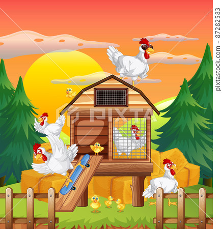 Chicken coop with chickens in the farm 87282583