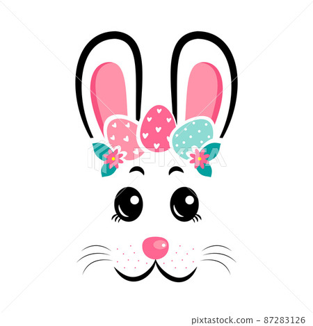 The face of the Easter bunny with a wreath of eggs 87283126