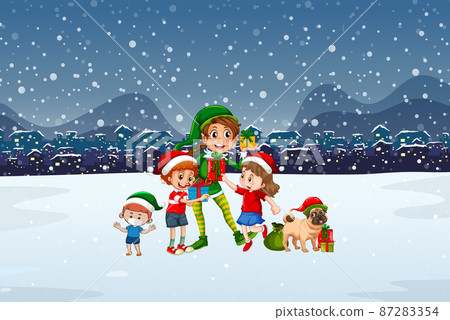 Snowy night scene with Christmas cartoon characters Snowy night scene with Christmas cartoon characters 87283354