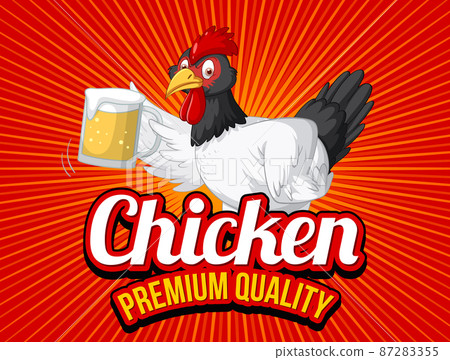 Chicken premium quality banner with chicken holding beer glass Chicken premium quality banner with chicken holding beer glass 87283355