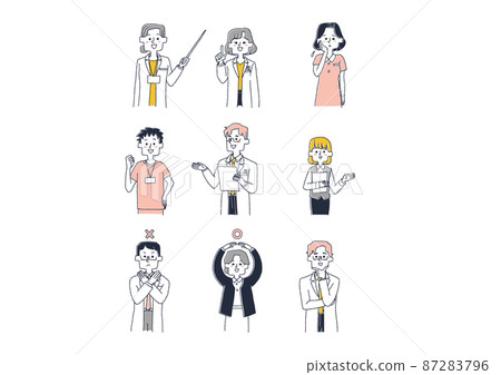 一組參與醫療的人，一個滑稽的手寫人物插圖，矢量線圖上的簡單著色，以及白色背景。 87283796