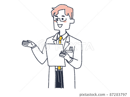 一個穿白大衣的男人一邊看材料一邊解釋，一個滑稽的手寫人物插圖，一個簡單的矢量線圖著色，白色 87283797