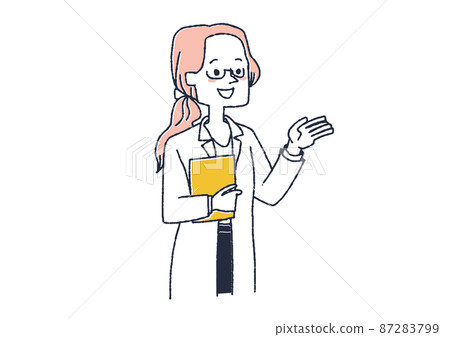 一個穿白大衣的女人在解釋，一個滑稽的手寫人物插圖，一個簡單的矢量線圖著色，一個白色背景 87283799