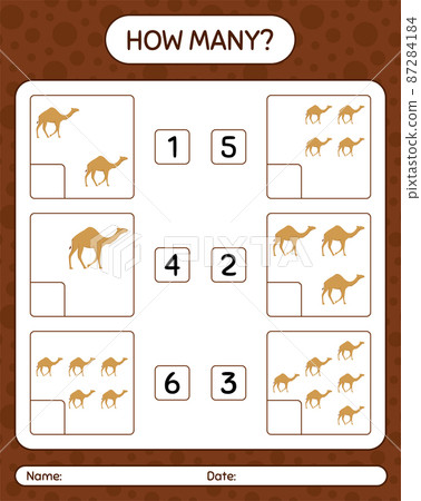 How many counting game with camel. worksheet for preschool kids, kids activity sheet, printable worksheet 87284184