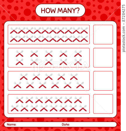How many counting game with spoon and fork. worksheet for preschool kids, kids activity sheet, printable worksheet How many counting game with spoon and fork. worksheet for preschool kids, kids activity sheet, printable worksheet 87284275