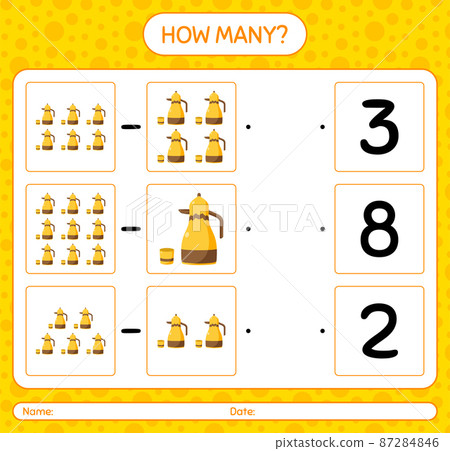 How many counting game with arabic teapot. worksheet for preschool kids, kids activity sheet, printable worksheet How many counting game with arabic teapot. worksheet for preschool kids, kids activity sheet, printable worksheet 87284846