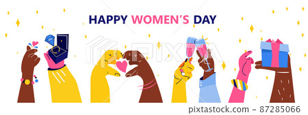 set mix race female hands international happy womens day celebration concept 8th march greeting card 87285066