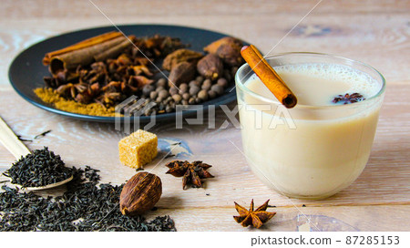 Traditional indian drink masala tea with spices, different ingredients 87285153
