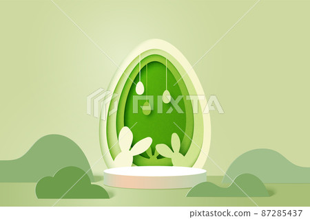 Happy Easter background.Paper art of easter eggs and rabbit with egg shape.Product display podium mockup, Banner template design.Vector illustration. Happy Easter background.Paper art of easter eggs and rabbit with egg shape.Product display podium mockup, Banner template design.Vector illustration. 87285437