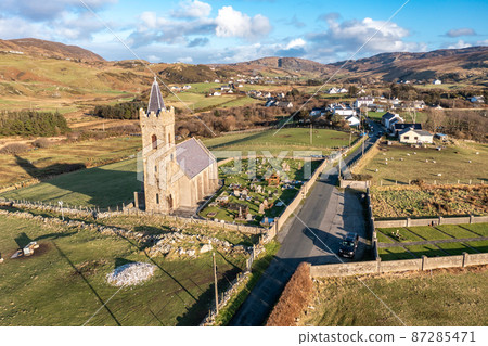 Aerial view of the Church of Ireland in Glencolumbkille - Republic of Ireland 87285471