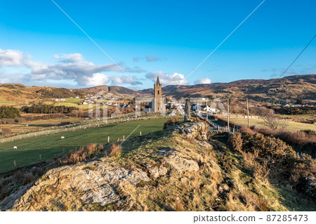 Aerial view of standing stone in Glencolumbkille in County Donegal, Republic of Irleand 87285473