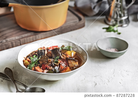 Aubergine with Carrot ,Bell Pepper and Cherry tomatoes Stew 87287228