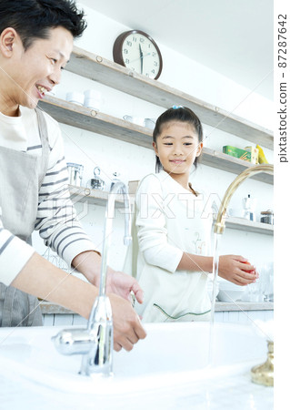 Father and daughter standing in the kitchen 87287642
