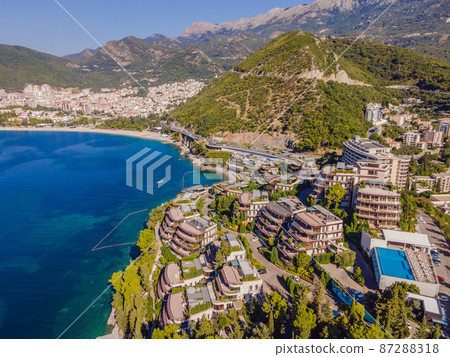 Aerophotography. View from flying drone. Panoramic cityscape of Budva, Montenegro. Top View. Beautiful destinations Aerophotography. View from flying drone. Panoramic cityscape of Budva, Montenegro. Top View. Beautiful destinations 87288318