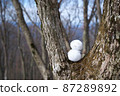 Snowman on a tree trunk 87289892