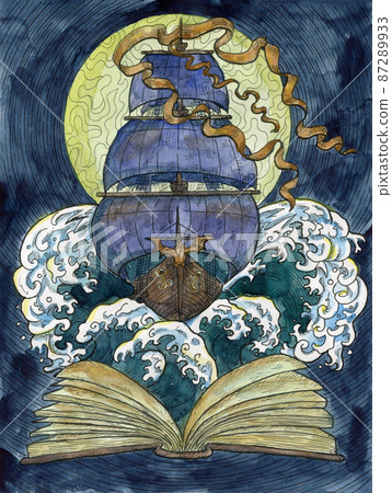 Colorful Marine Fantasy illustration of old sailing ship, book with open pages and full moon. Nautical vintage drawings, t-shirt and tattoo graphic Colorful Marine Fantasy illustration of old sailing ship, book with open pages and full moon. Nautical vintage drawings, t-shirt and tattoo graphic 87289933
